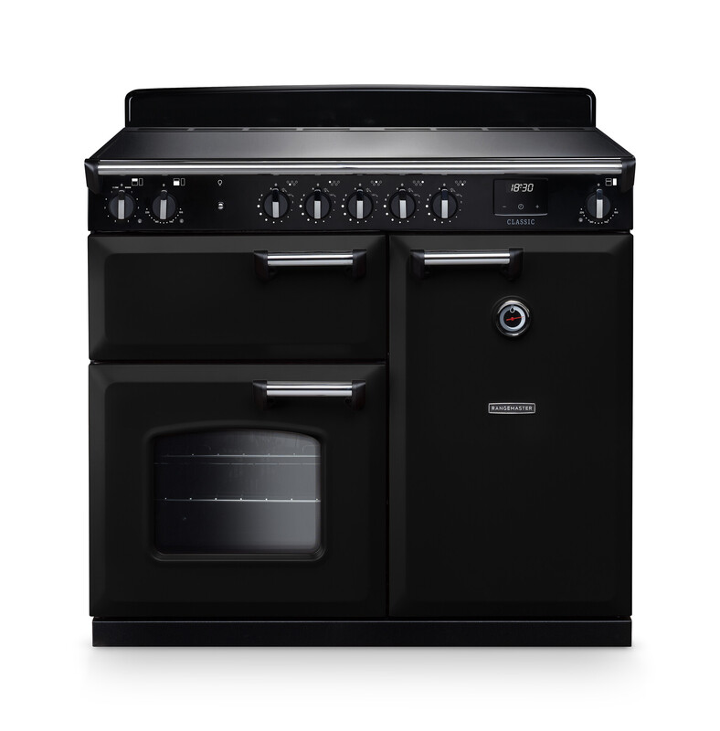 Rangemaster CL100EIPGBL/CM1 Classic 100cm Induction Range Cooker In Gloss Black / Chrome Trim