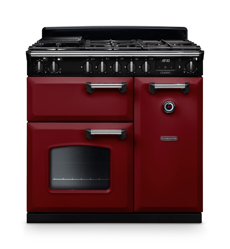 Rangemaster CL90DFPBOR/CM1 Classic 90cm Dual Fuel Range Cooker In Bordeaux / Chrome Trim