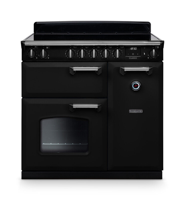 Rangemaster CL90EIPGBL/CM1 Classic 90cm Induction Range Cooker In Gloss Black / Chrome Trim