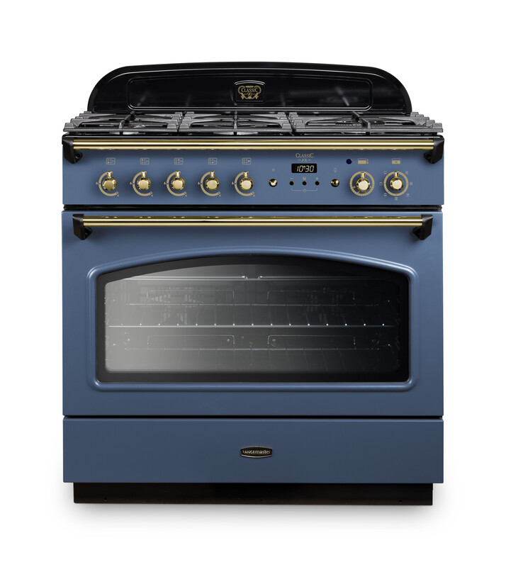 Rangemaster CLAS90FXDFFSB/B Classic FX 90cm Dual Fuel Range Cooker In Stone Blue / Brass Trim