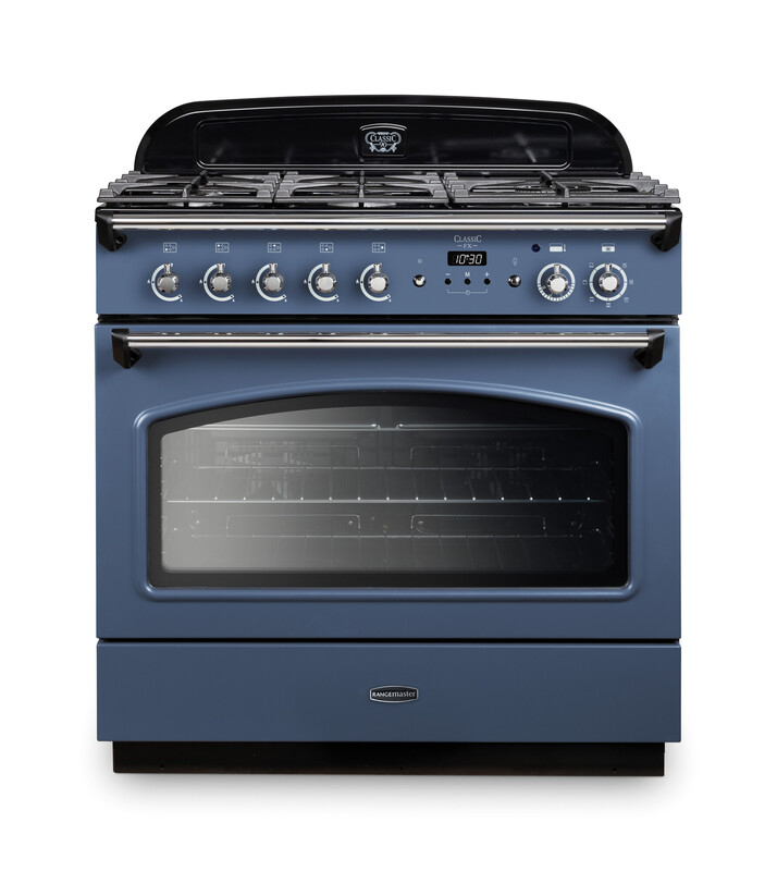 Rangemaster CLAS90FXDFFSB/C Classic Fx 90cm Dual Fuel Range Cooker In Stone Blue / Chrome Trim