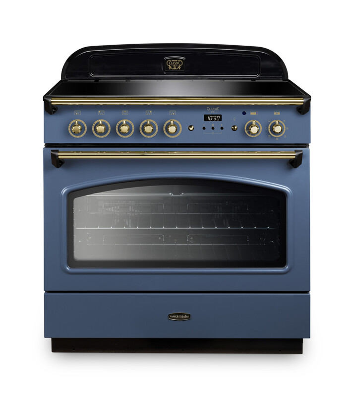 Rangemaster CLAS90FXEISB/B Classic FX Induction Range Cooker In Stone Blue / Brass Trim