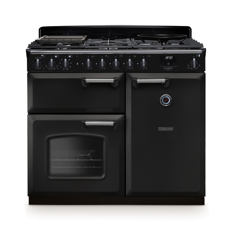 Rangemaster CLDL100DFPCBL/CM1 Classic Deluxe 100cm Dual Fuel Range Cooker In Charcoal Black / Chrome Trim