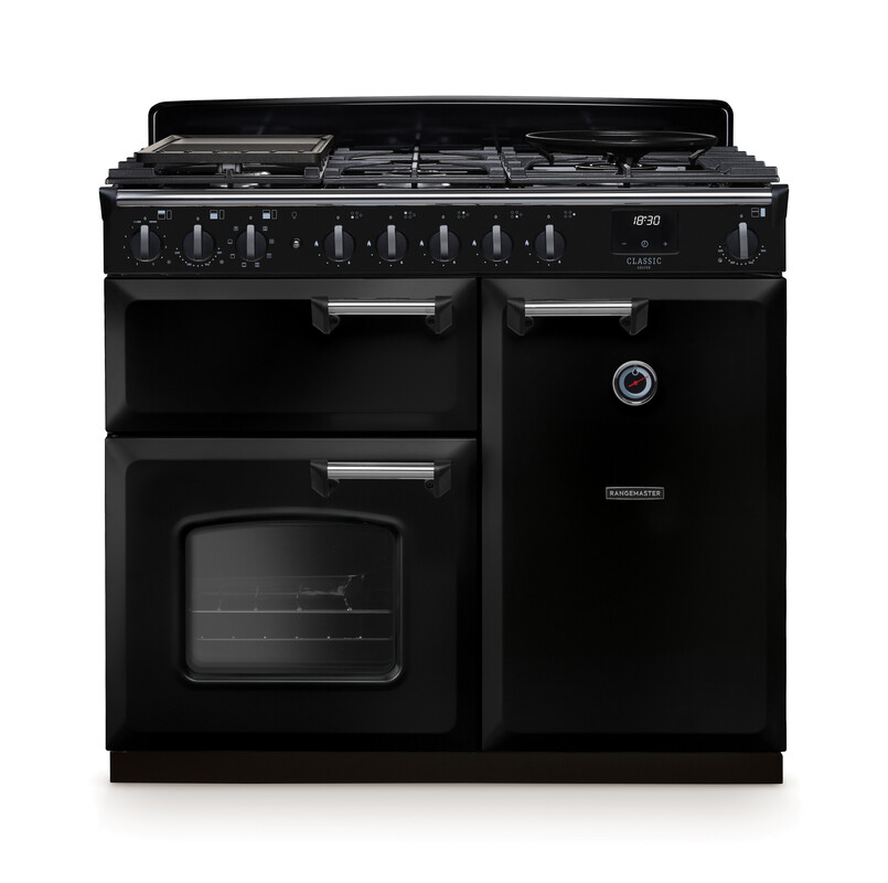 Rangemaster CLDL100DFPGBL/CM1 Classic Deluxe 100cm Dual Fuel Range Cooker In Gloss Black / Chrome Trim