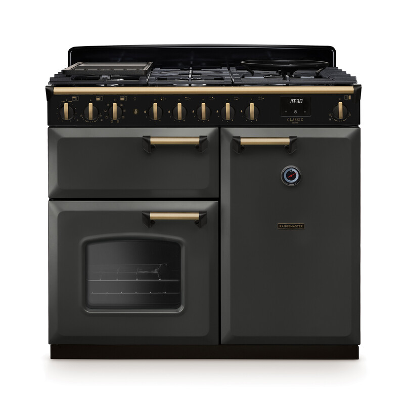 Rangemaster CLDL100DFPSLT/AB1 Classic Deluxe 100cm Duel Fuel Range Cooker In Slate / Brass Trim
