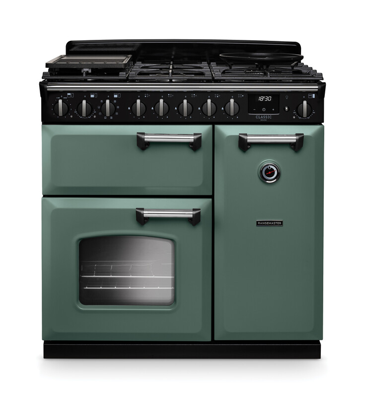 Rangemaster CLDL90DFPMGR/CM1 Classic Deluxe 90cm Dual Fuel Range Cooker In Mineral Green / Chrome Trim