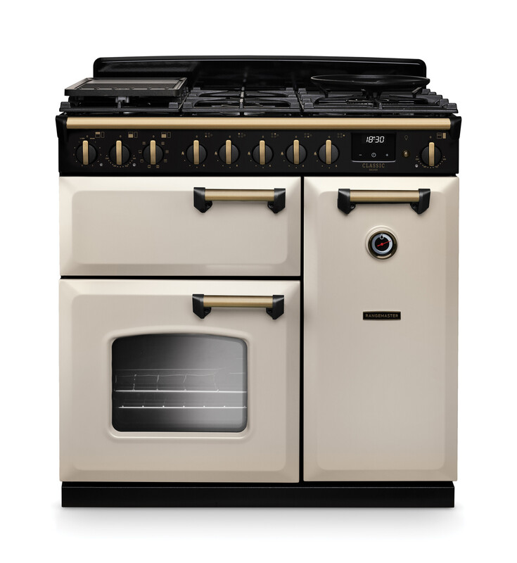Rangemaster CLDL90DFPPCR/AB1 Classic Deluxe 90cm Dual Fuel Range Cooker In Pale Cream / Brass Trim