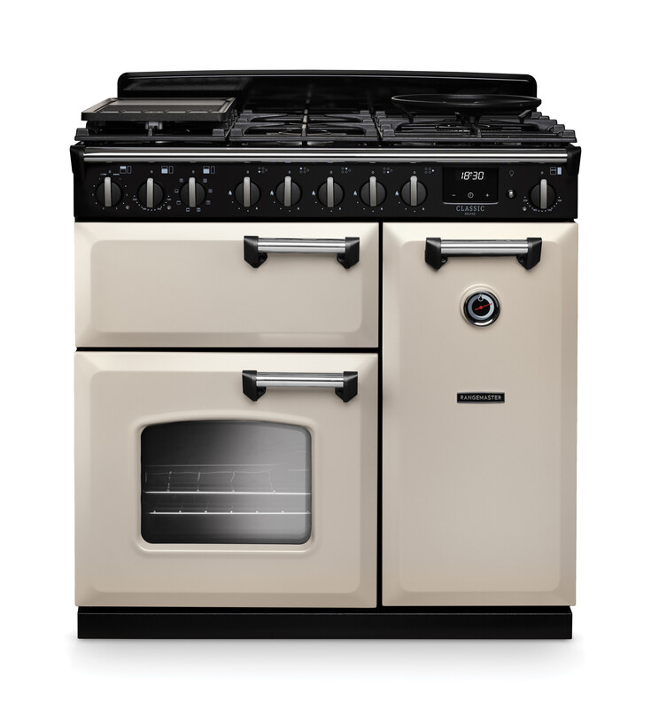 Rangemaster CLDL90DFPPCR/CM1 Classic Deluxe 90cm Dual Fuel Range Cooker In Pale Cream / Chrome Trim