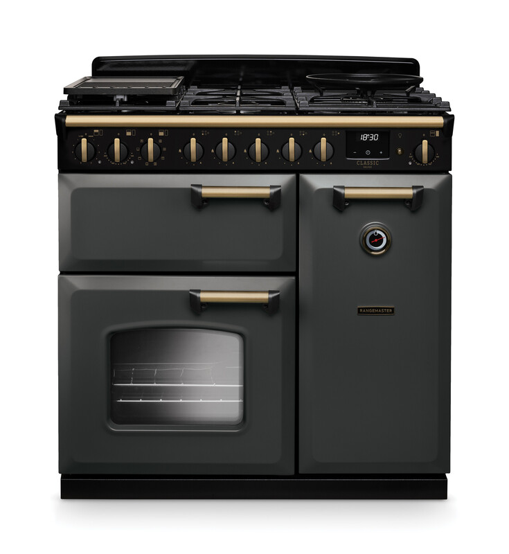 Rangemaster CLDL90DFPSLT/AB1 Classic Deluxe 90cm Dual Fuel Range Cooker In Slate / Brass Trim