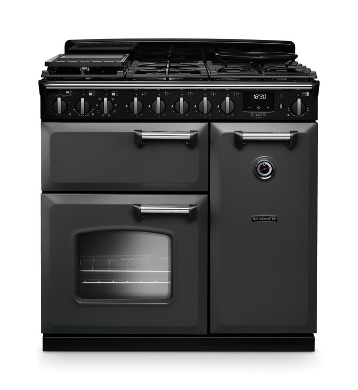 Rangemaster CLDL90DFPSLT/CM1 Classic Deluxe 90cm Dual Fuel Range Cooker In Slate / Chrome Trim