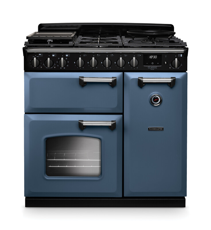 Rangemaster CLDL90DFPSTB/CM1 Classic Deluxe 90cm Dual Fuel Range Cooker In Stone Blue / Chrome Trim