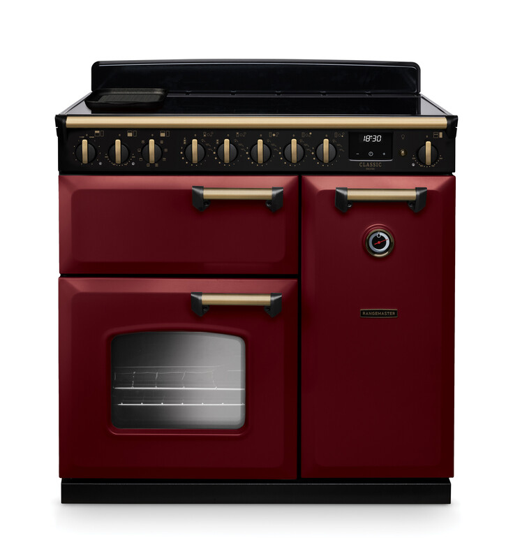 Rangemaster CLDL90EIPBOR/AB1 Classic Deluxe 90cm Induction Range Cooker In Bordeaux / Brass Trim