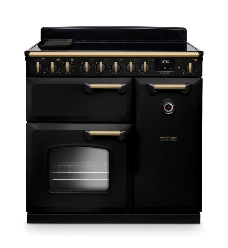 Rangemaster CLDL90EIPCBL/AB1 Classic Deluxe 90cm Induction Range Cooker In Charcoal Black / Brass Trim