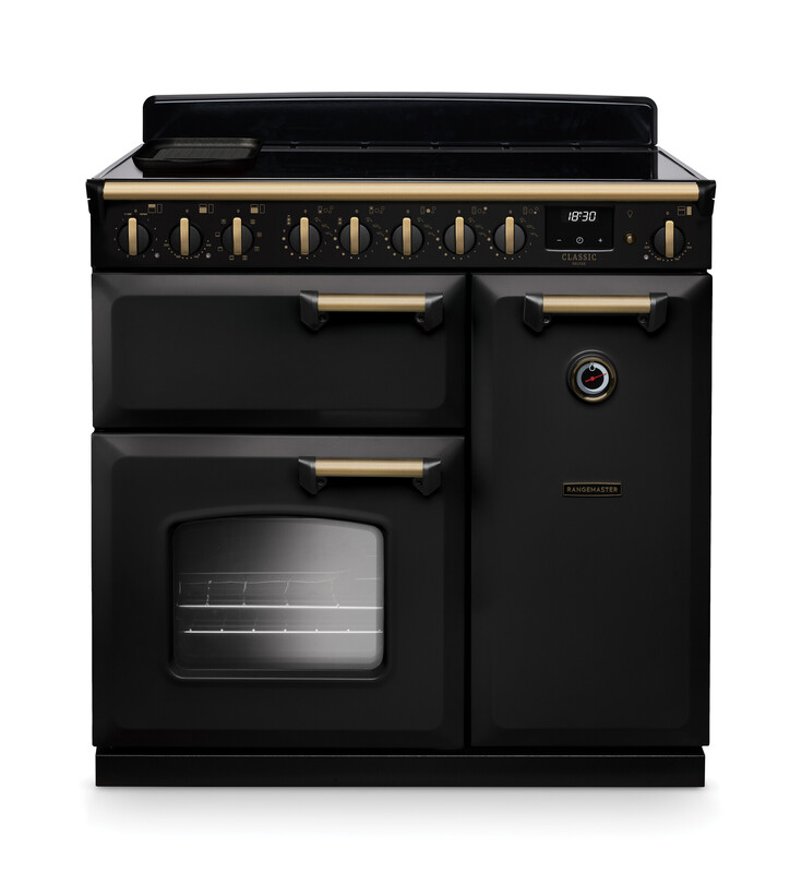 Rangemaster CLDL90EIPGBL/AB1 Classic Deluxe 90cm Induction Range Cooker In Gloss Black / Brass Trim