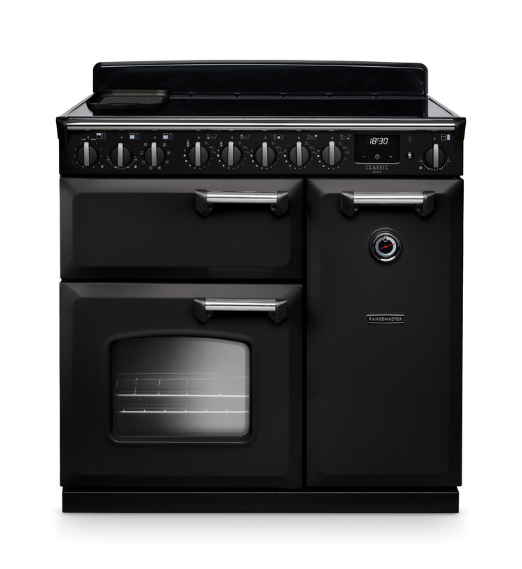 Rangemaster CLDL90EIPGBL/CM1 Classic Deluxe 90cm Induction Range Cooker In Gloss Black / Chrome Trim