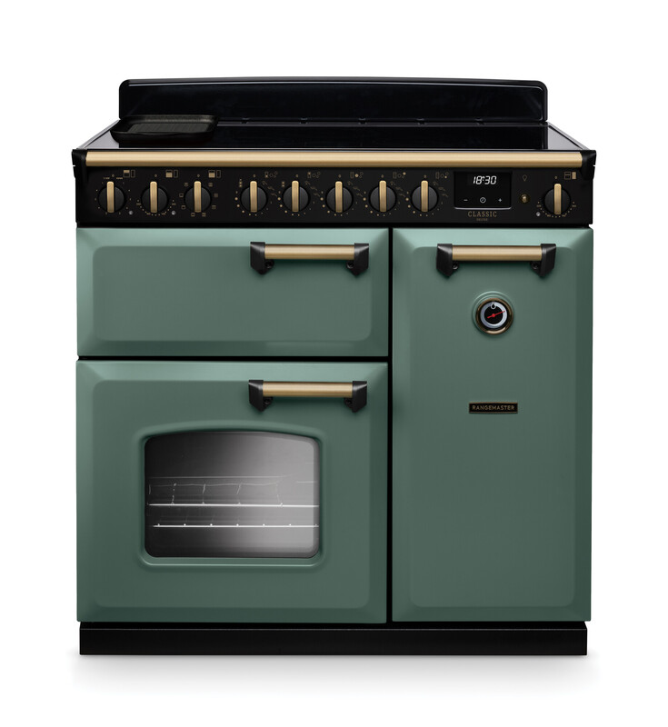 Rangemaster CLDL90EIPMGR/AB1 Classic Deluxe 90cm Induction Range Cooker In Mineral Green / Brass Trim