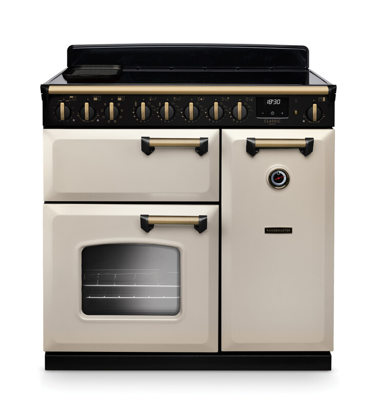 Rangemaster CLDL90EIPPCR/AB1 Classic Deluxe 90cm Induction Range Cooker In Pale Cream / Brass Trim