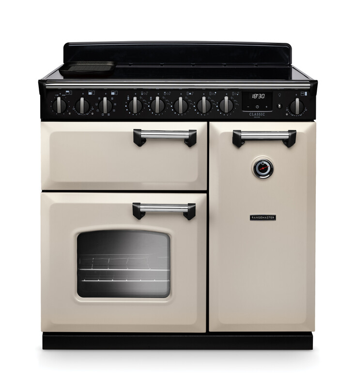 Rangemaster CLDL90EIPPCR/CM1 Classic Deluxe 90cm Induction Range Cooker In Pale Cream / Chrome Trim