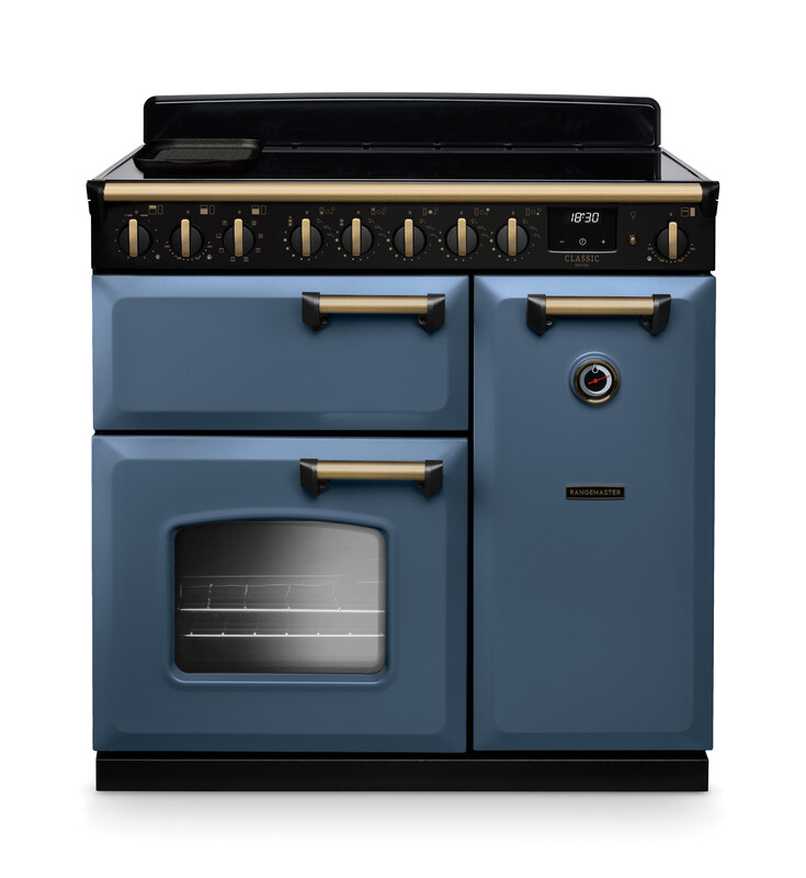 Rangemaster CLDL90EIPSTB/AB1 Classic Deluxe 90cm Induction Range Cooker In Stone Blue / Brass Trim
