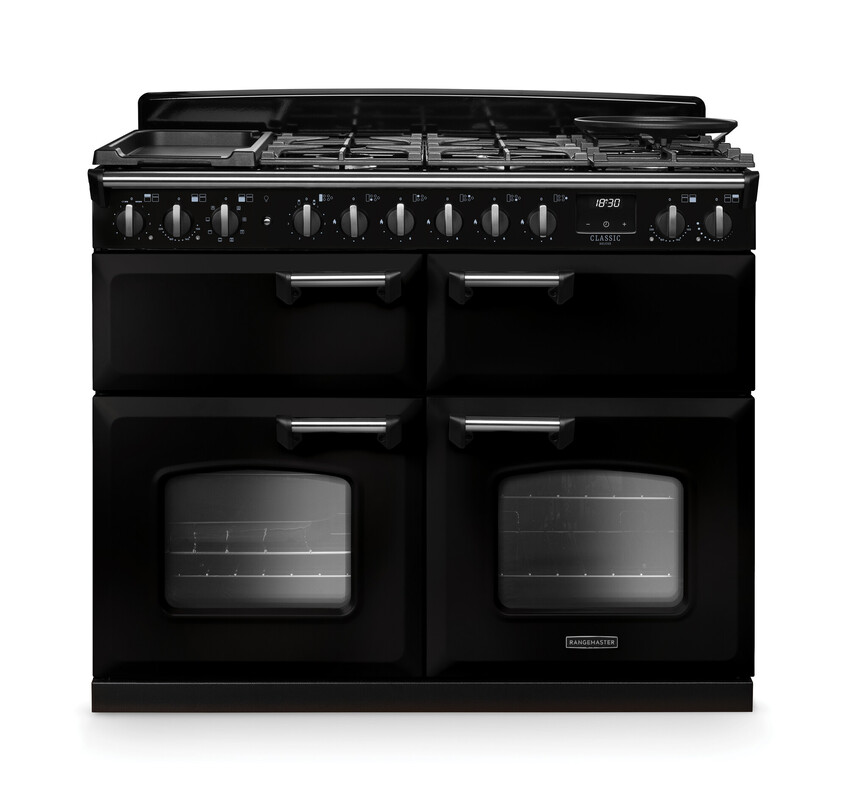 Rangemaster CLDLB110DFPGBL/CM1 Classic Deluxe 110cm Duel Fuel Range Cooker In Gloss Black / Chrome Trim