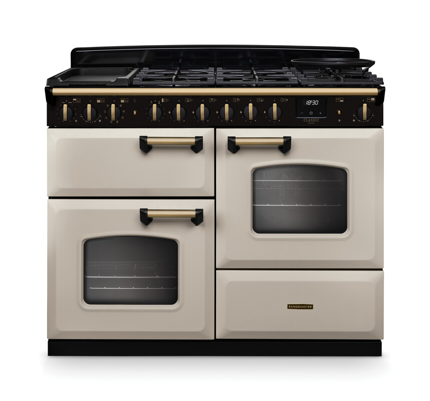 Rangemaster Cldlo110dfppcr/Ab1 Classic Deluxe 110Cm Dual Fuel Range Cooker In Pale / Brass Trim Cream