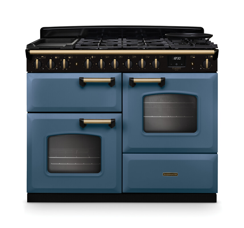 Rangemaster CLDLO110DFPSTB/AB1 Classic Deluxe 110cm Dual Fuel Range Cooker In Stone Blue / Brass Trim