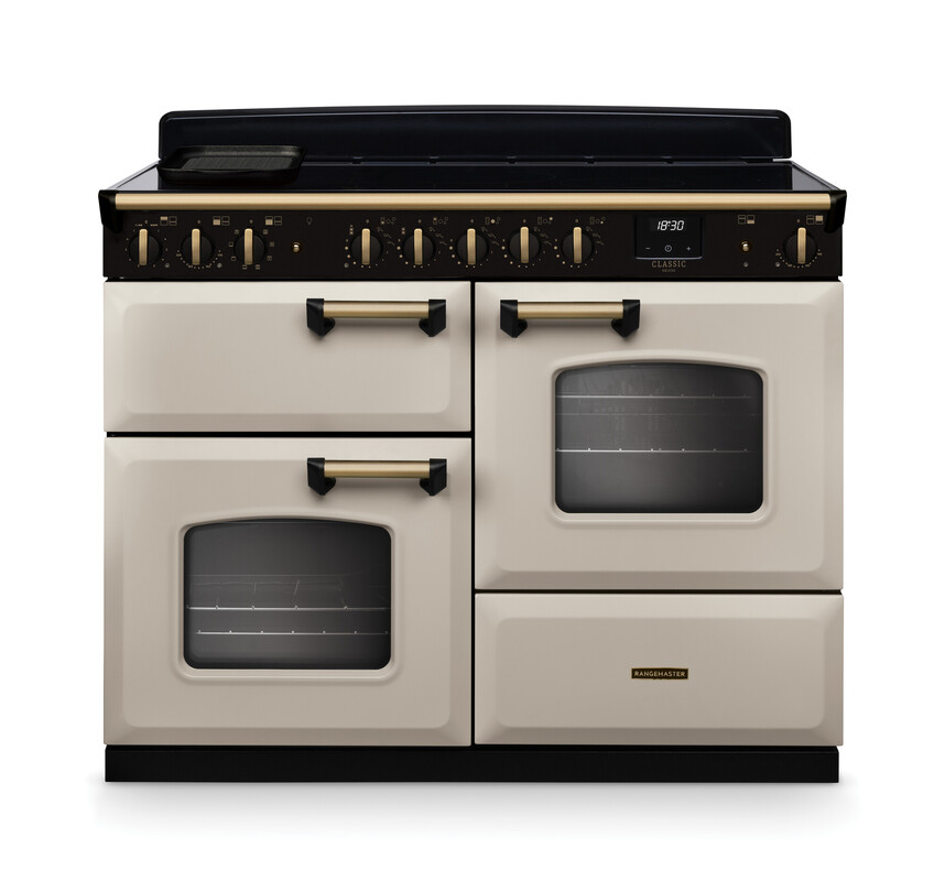 Rangemaster Cldlo110eippcr/Ab1 Classic Deluxe 110Cm Induction Range Cooker In Pale / Brass Trim Cream