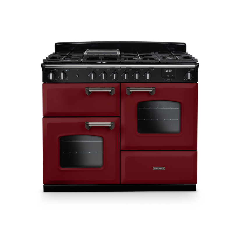 Rangemaster CLO110DFPBOR/CM1 Classic 110cm Dual Fuel Range Cooker In Bordeaux / Chrome Trim