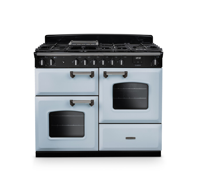 Rangemaster CLO110DFPMSB/CM1 Classic 110cm Dual Fuel Range Cooker In Misty Blue / Chrome Trim