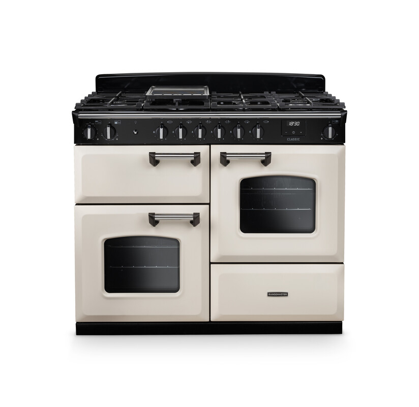 Rangemaster CLO110DFPPCR/CM1 Classic 110cm Dual Fuel Range Cooker In Pale Cream / Chrome Trim