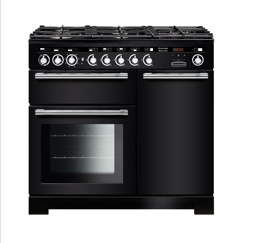 Rangemaster EDL100DFFBL/C Encore Deluxe 100cm Dual Fuel Range Cooker In Black / Chrome Trim