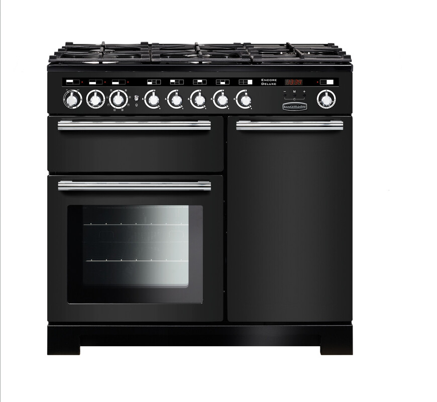 Rangemaster EDL100DFFCB/C Encore Deluxe 100cm Dual Fuel Range Cooker In Charcoal Black / Chrome Trim
