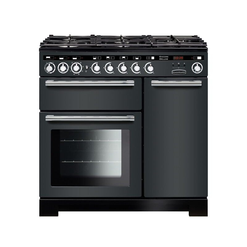 Rangemaster EDL90DFFSL/C Encore Deluxe 90cm Dual Fuel Range Cooker In Slate / Chrome Trim
