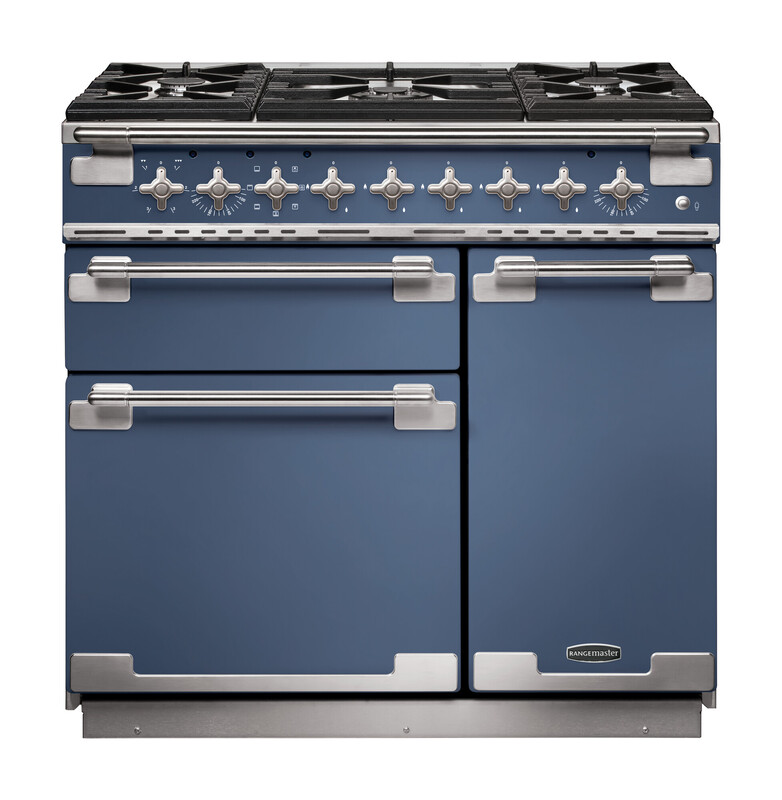 Rangemaster ELS90DFFSB Elise 90cm Dual Fuel Range Cooker In Stone Blue / Nickel Trim