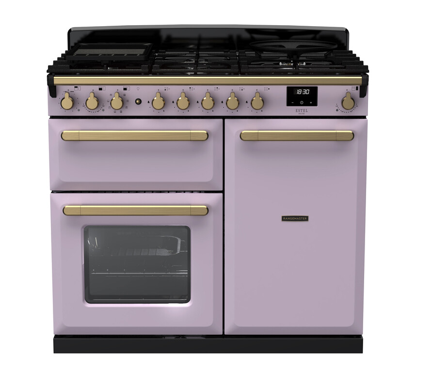 Rangemaster ESDL100DFPHTH/AB1 Estel Deluxe 100cm Dual Fuel Range Cooker In Heather / Brass Trim