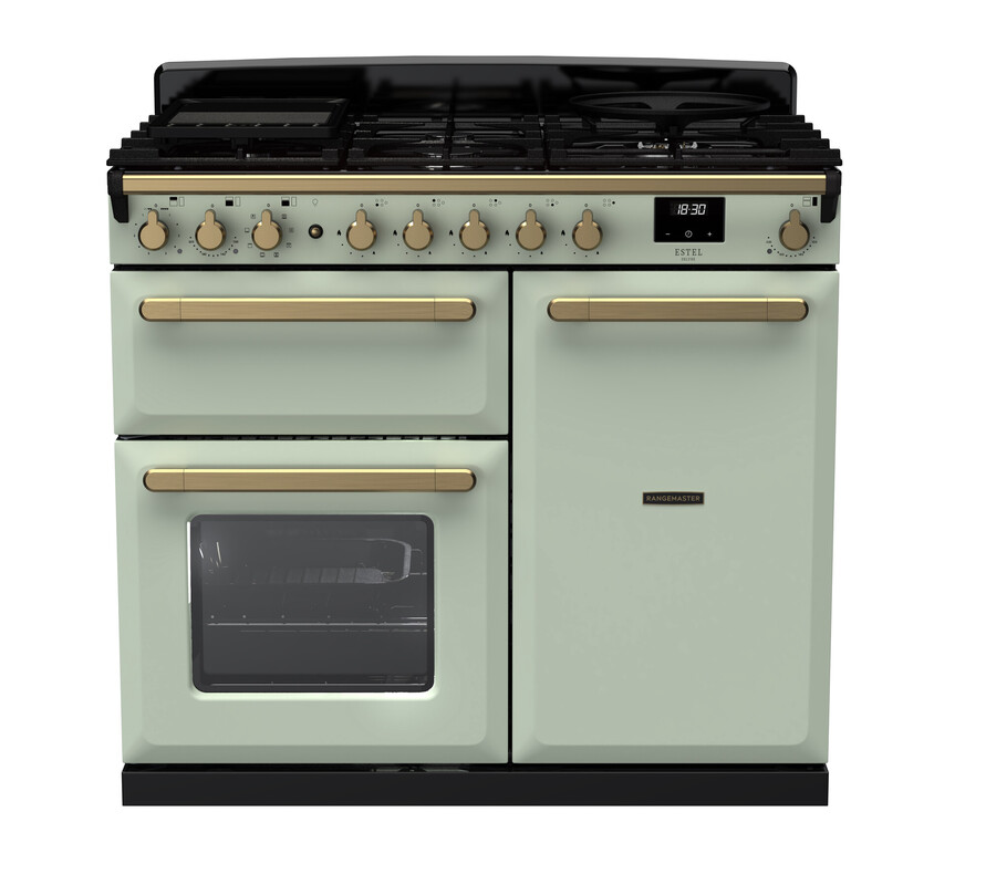 Rangemaster ESDL100DFPMNT/AB1 Estel Deluxe 100cm Dual Fuel Range Cooker In Mint / Brass Trim