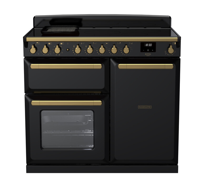 Rangemaster Esdl100eipgbl/Ab1 Estel Deluxe 100Cm Induction Range Cooker In Gloss / Brass Trim Black