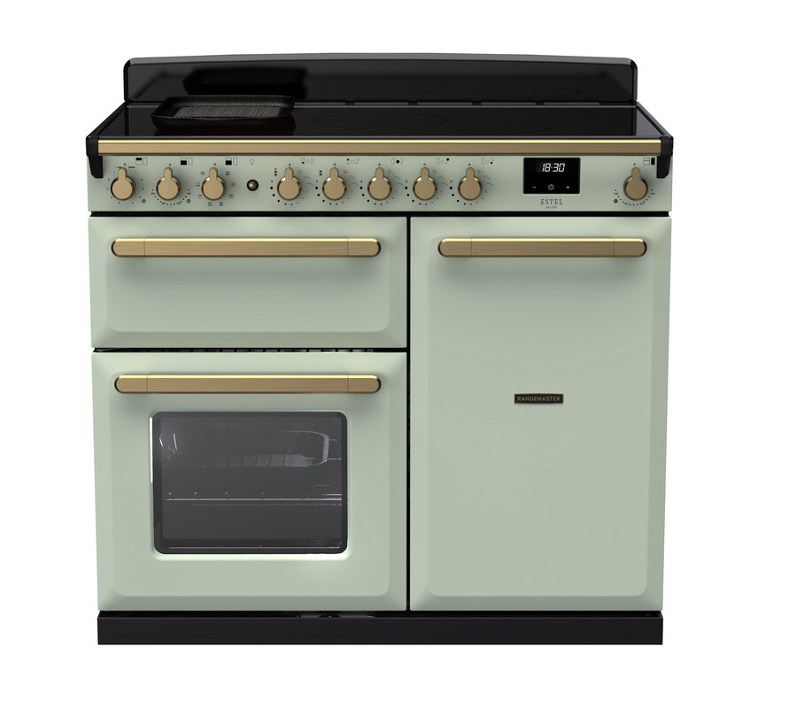 Rangemaster Esdl100eipmnt/Ab1 Estel Deluxe 100Cm Induction Range Cooker In Mint / Brass Trim