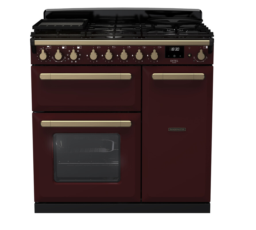Rangemaster ESDL90DFPBOR/AB1 Estel Deluxe 90cm Dual Fuel Range Cooker In Bordeaux / Brass Trim