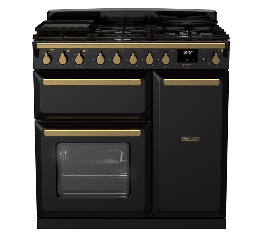Rangemaster ESDL90DFPGBL/AB1 Estel Deluxe 90cm Dual Fuel Range Cooker In Gloss Black / Brass Trim