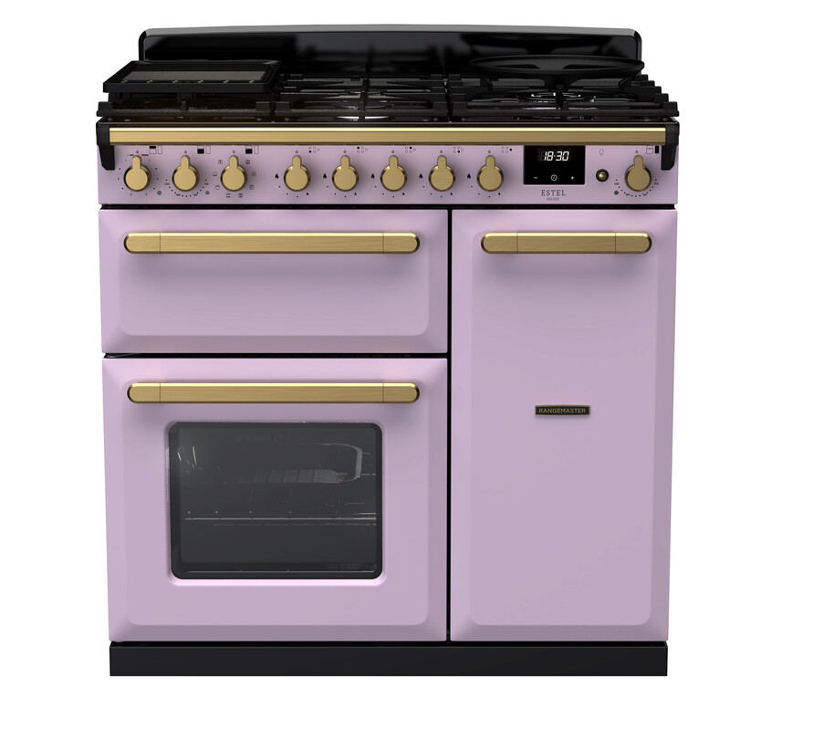 Rangemaster ESDL90DFPHTH/AB1 Estel Deluxe 90cm Dual Fuel Range Cooker In Heather / Brass Trim