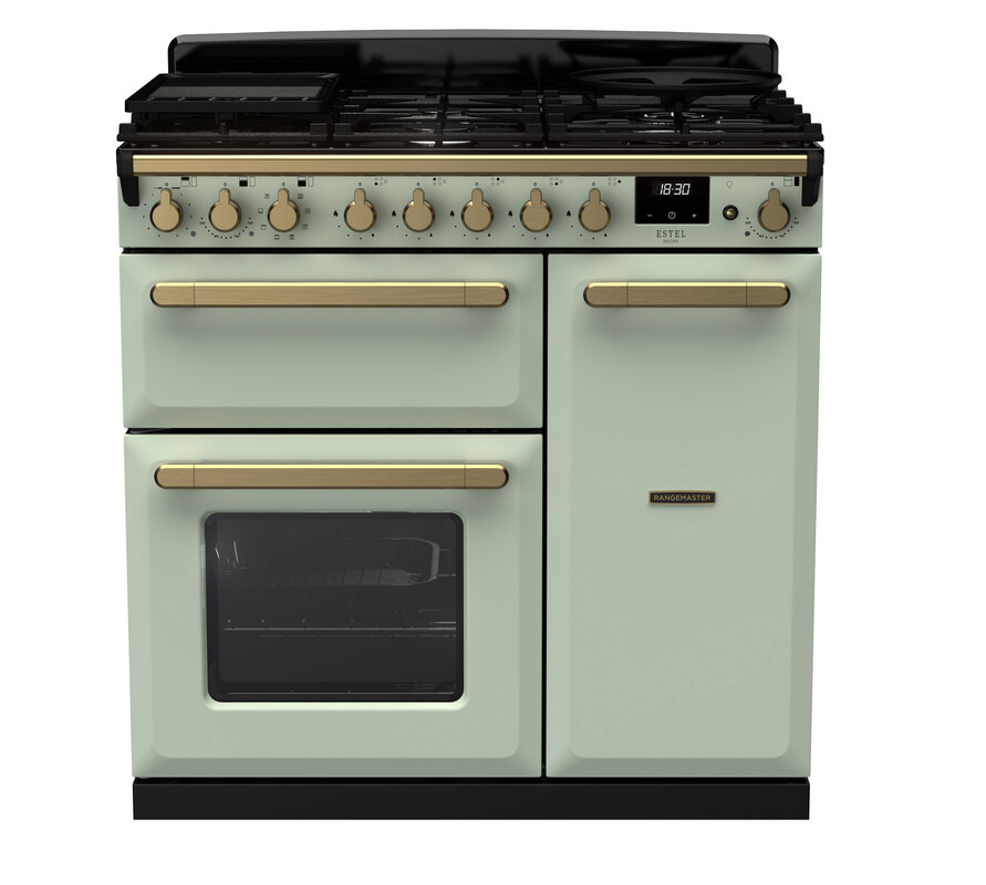 Rangemaster ESDL90DFPMNT/AB1 Estel Deluxe 90cm Dual Fuel Range Cooker In Mint / Brass Trim