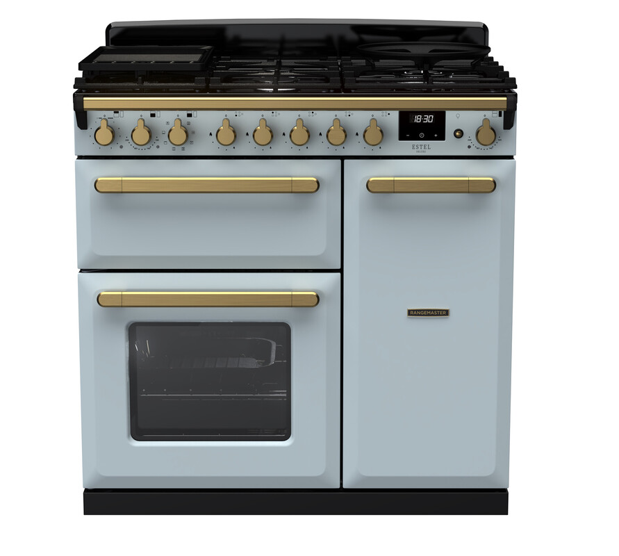 Rangemaster ESDL90DFPMSB/AB1 Estel Deluxe 90cm Dual Fuel Range Cooker In Misty Blue / Brass Trim