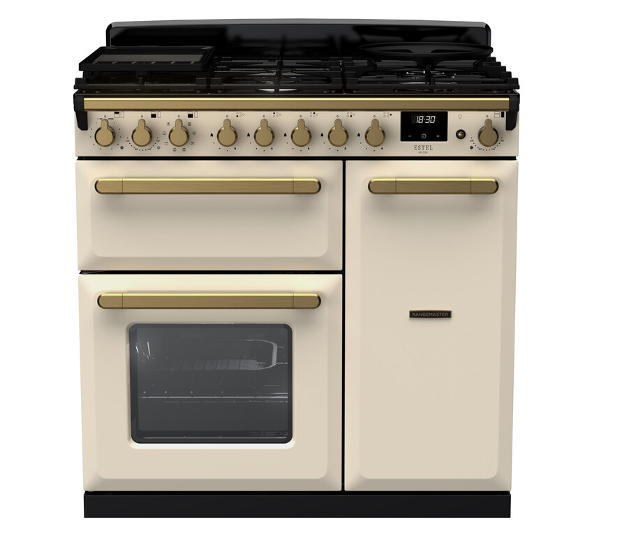 Rangemaster ESDL90DFPPCR/AB1 Estel Deluxe 90 Dual Fuel Range Cooker In Pale Cream / Brass Trim