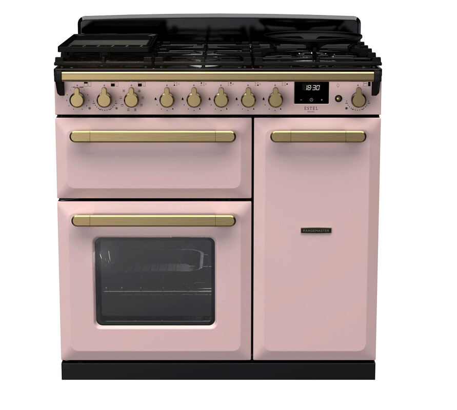 Rangemaster ESDL90DFPPPK/AB1 Estel Deluxe 90cm Dual Fuel Range Cooker In Pale Pink / Brass Trim