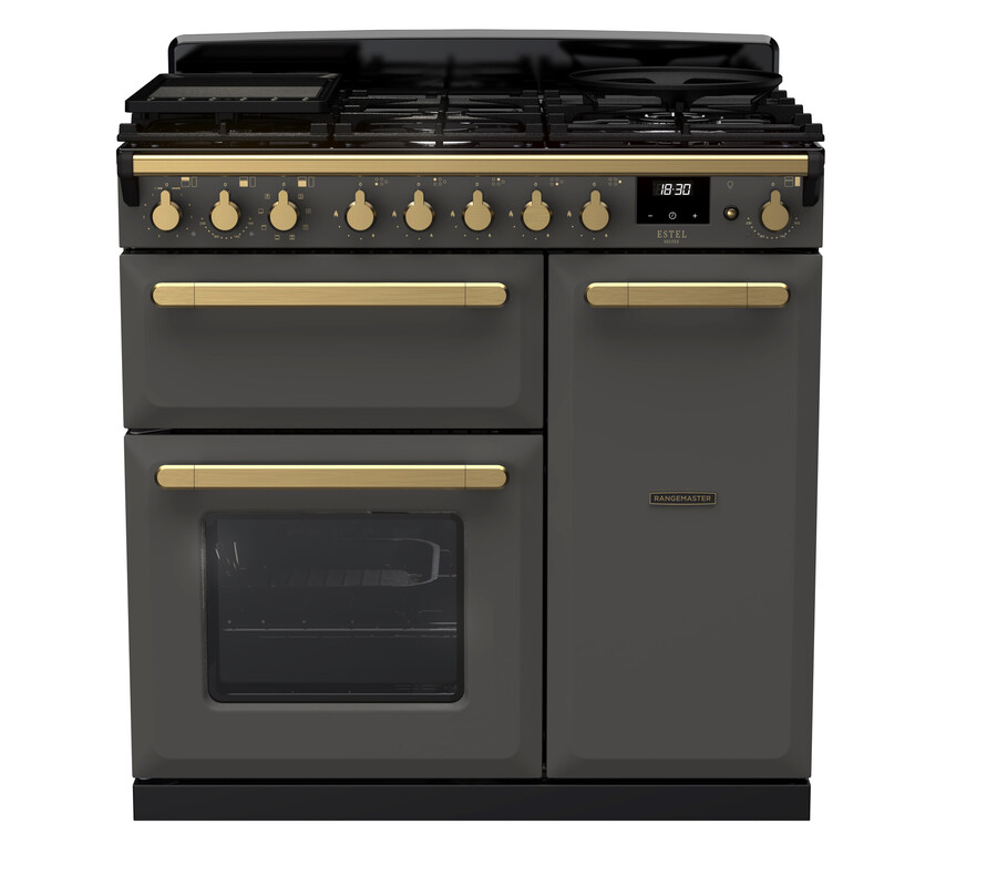 Rangemaster ESDL90DFPSLT/AB1 Estel Deluxe 90cm Dual Fuel Range Cooker In Slate / Brass Trim