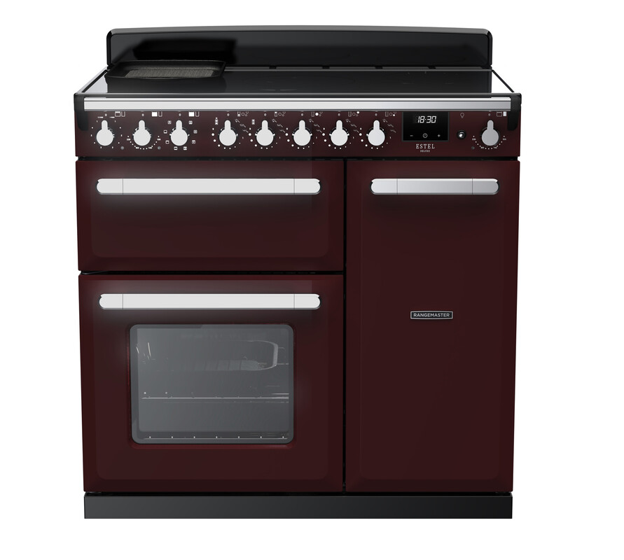 Rangemaster ESDL90EIPBOR/CM1 Estel Deluxe 90cm Induction Range Cooker In Bordeaux / Chrome Trim
