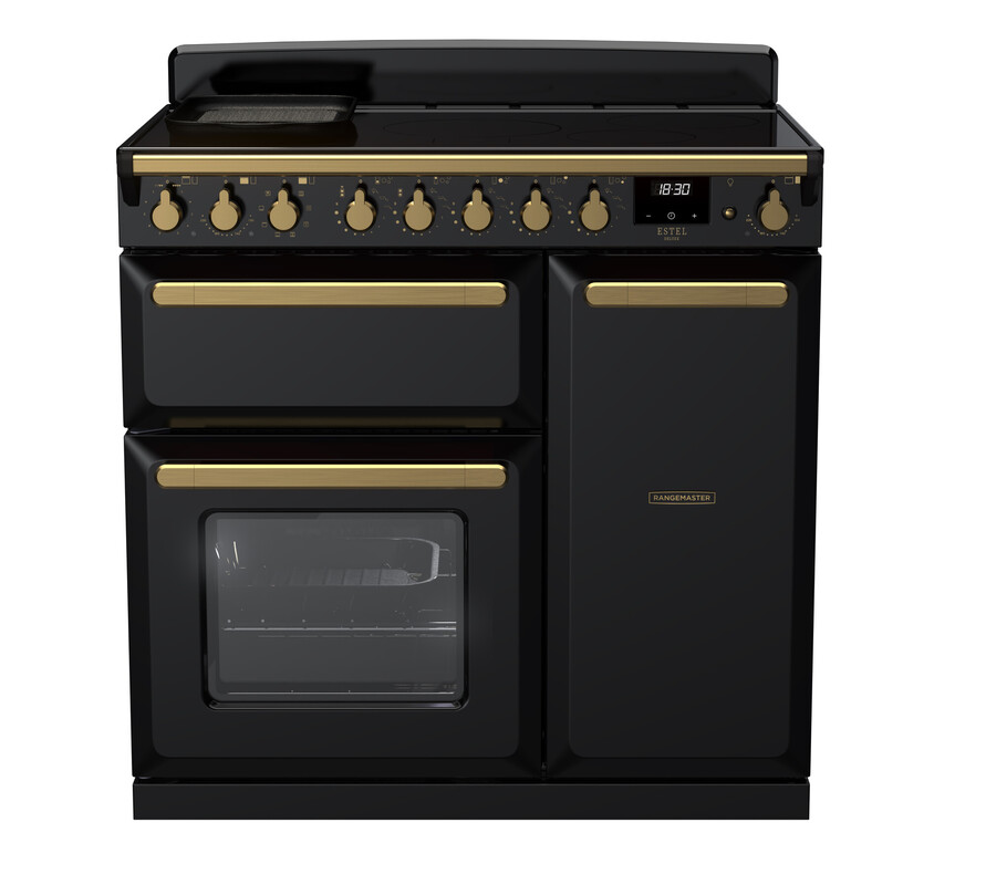 Rangemaster ESDL90EIPGBL/AB1 Estel Deluxe 90cm Induction Range Cooker In Gloss Black / Brass Trim