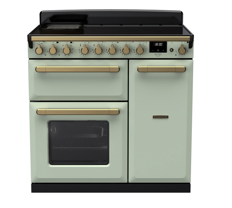 Rangemaster Esdl90eipmnt/Ab1 Estel Deluxe 90Cm Induction Range Cooker In Mint / Brass Trim