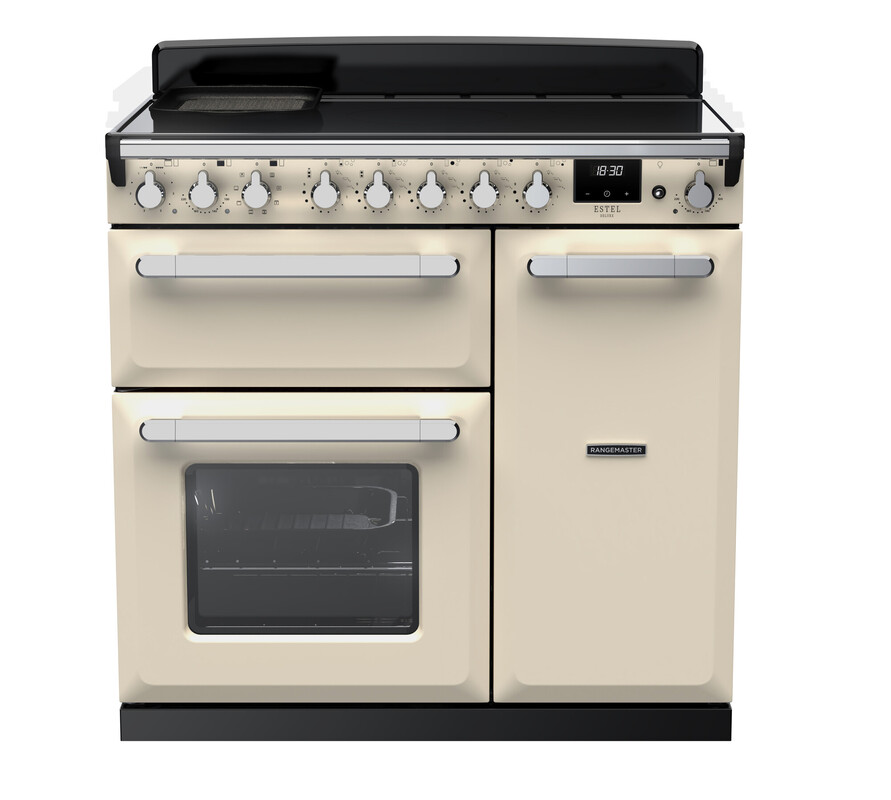 Rangemaster ESDL90EIPPCR/CM1 Estel Deluxe 90cm Induction Range Cooker In Pale Cream / Chrome Trim
